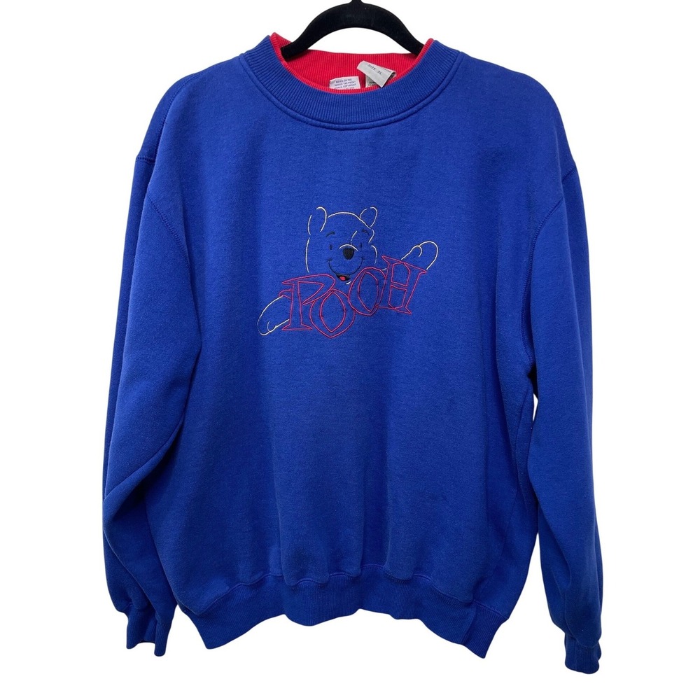 Vtg Disney Winnie the Pooh Blue Red Double Collar Sweatshirt XL 90s Y2K Thrashed